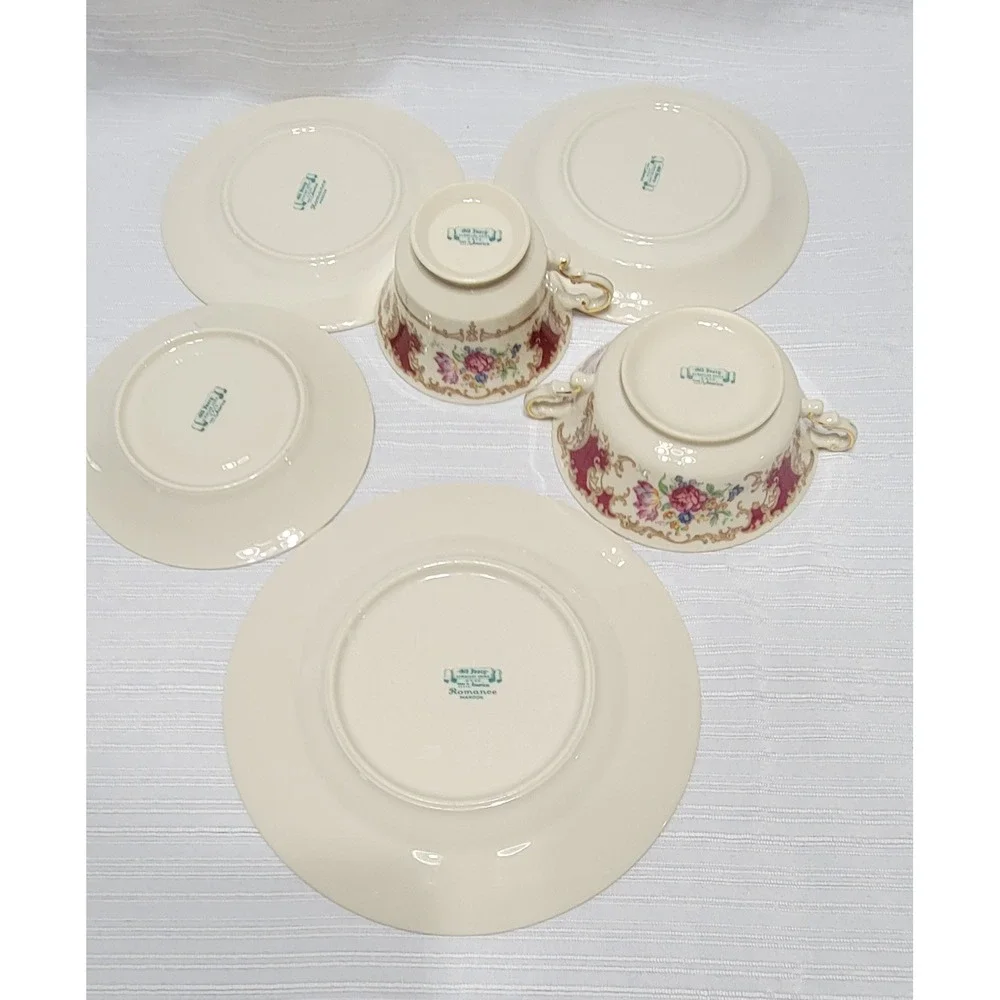 Syracuse China Old Ivory Romance Maroon Floral Dinnerware Set 6pc Gold Rim
